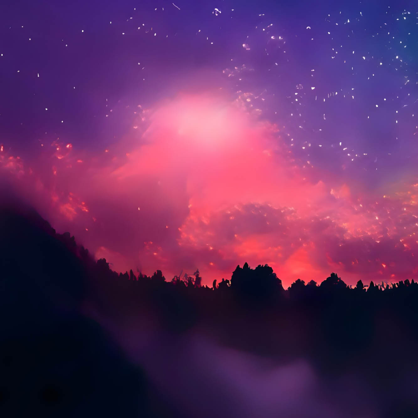 Enchanted: A colorful sunrise or sunset above trees and a mountain