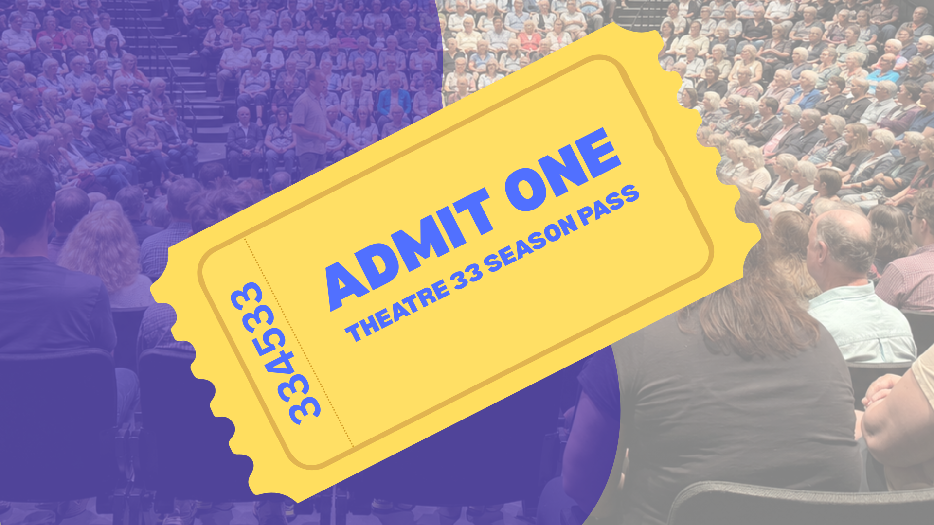 Banner with an "Admit One Theatre 33 Season Pass" image